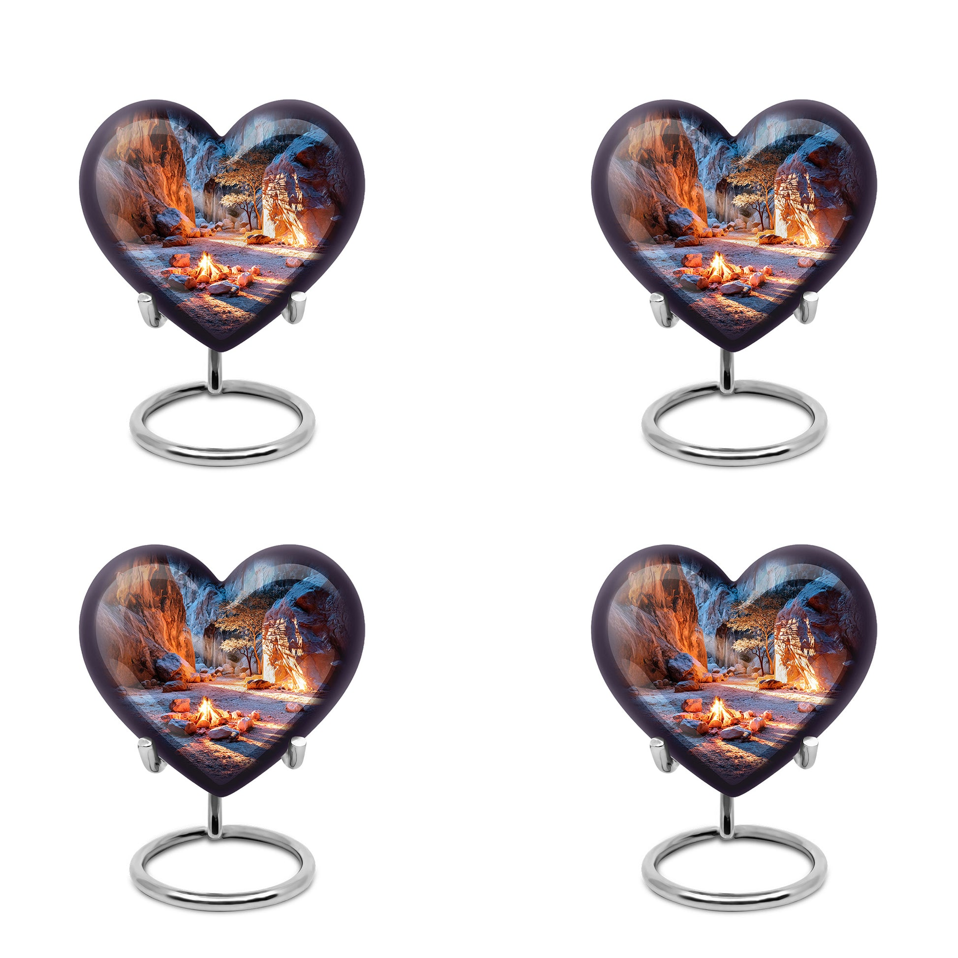 Calming Blue Campfire Cremation Urn angled view of lid and engraved motif - romantic heart urn with campfire motif on aluminum - 10 inch aluminum urn for cremated remains