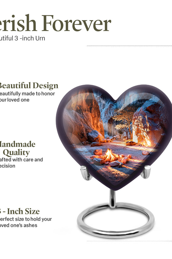 Powder Blue Campfire Cremation Urn front view showing detailed design - loving heart memorial featuring campfire pattern - mini keepsake memorial for portion of cremation ashes