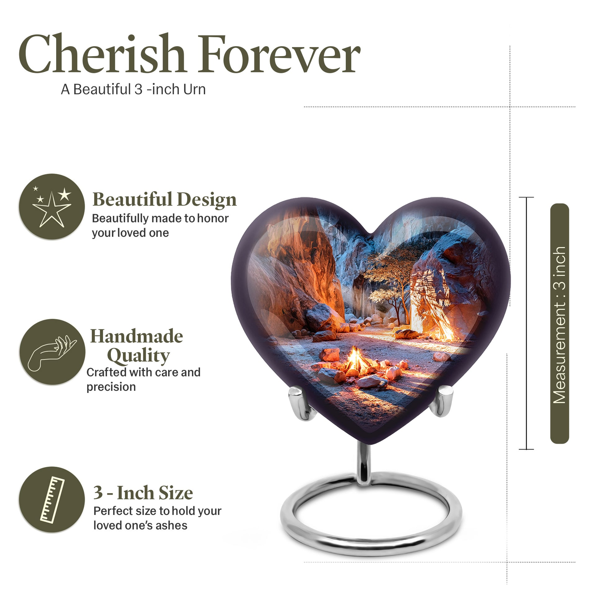 Powder Blue Campfire Cremation Urn front view showing detailed design - loving heart memorial featuring campfire pattern - mini keepsake memorial for portion of cremation ashes