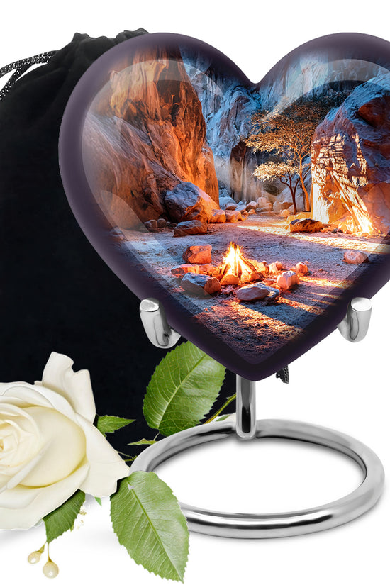 Vivid Blue Campfire Cremation Urn detail view - romantic heart urn with campfire motif on aluminum - full-size 10 inch 200 cubic inch adult cremation urn