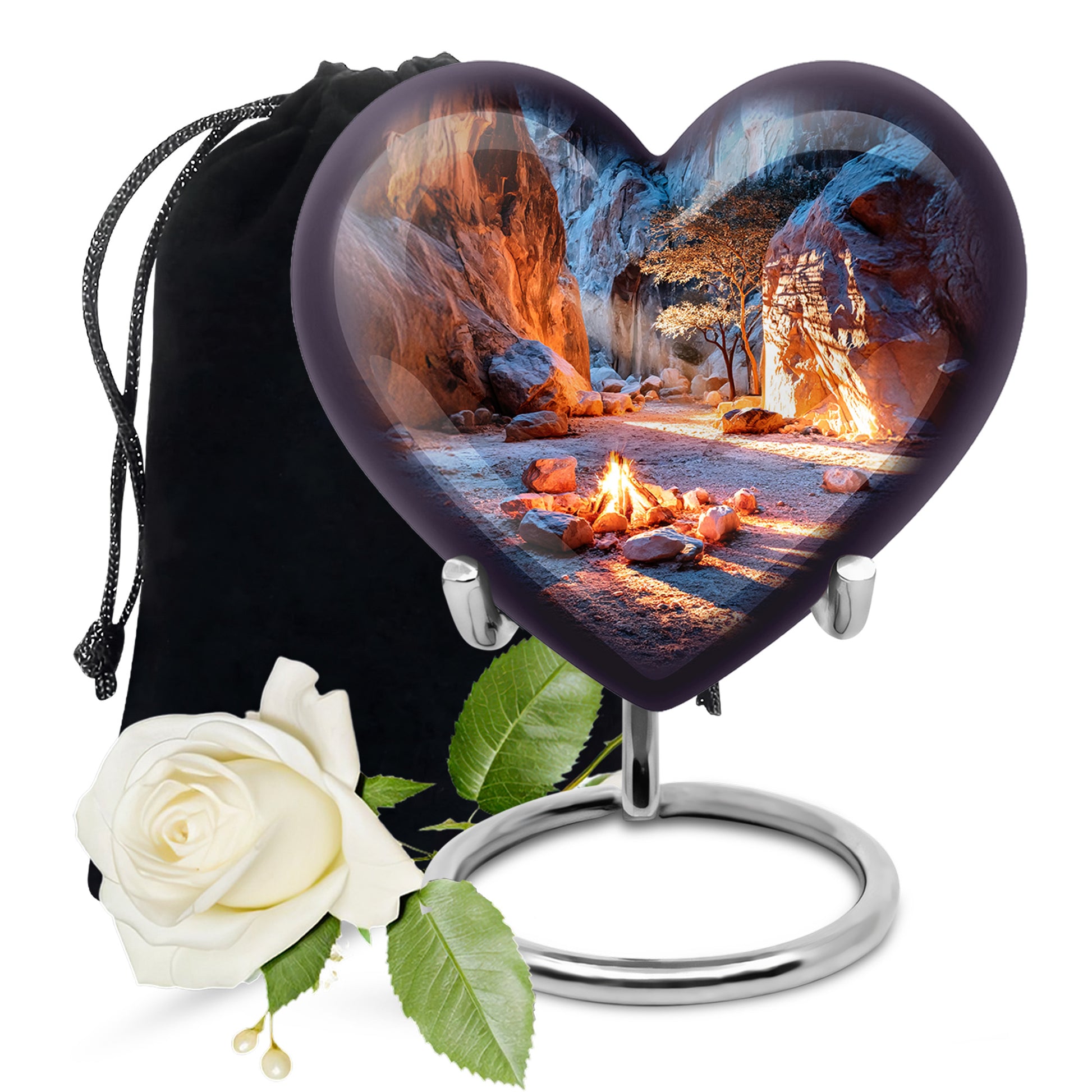 Vivid Blue Campfire Cremation Urn detail view - romantic heart urn with campfire motif on aluminum - full-size 10 inch 200 cubic inch adult cremation urn