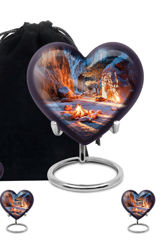Serene Blue Campfire Cremation Urn close-up of engraving and surface detail - compassionate heart-campfire combination with gentle curves - memorial set with one large and four small urns