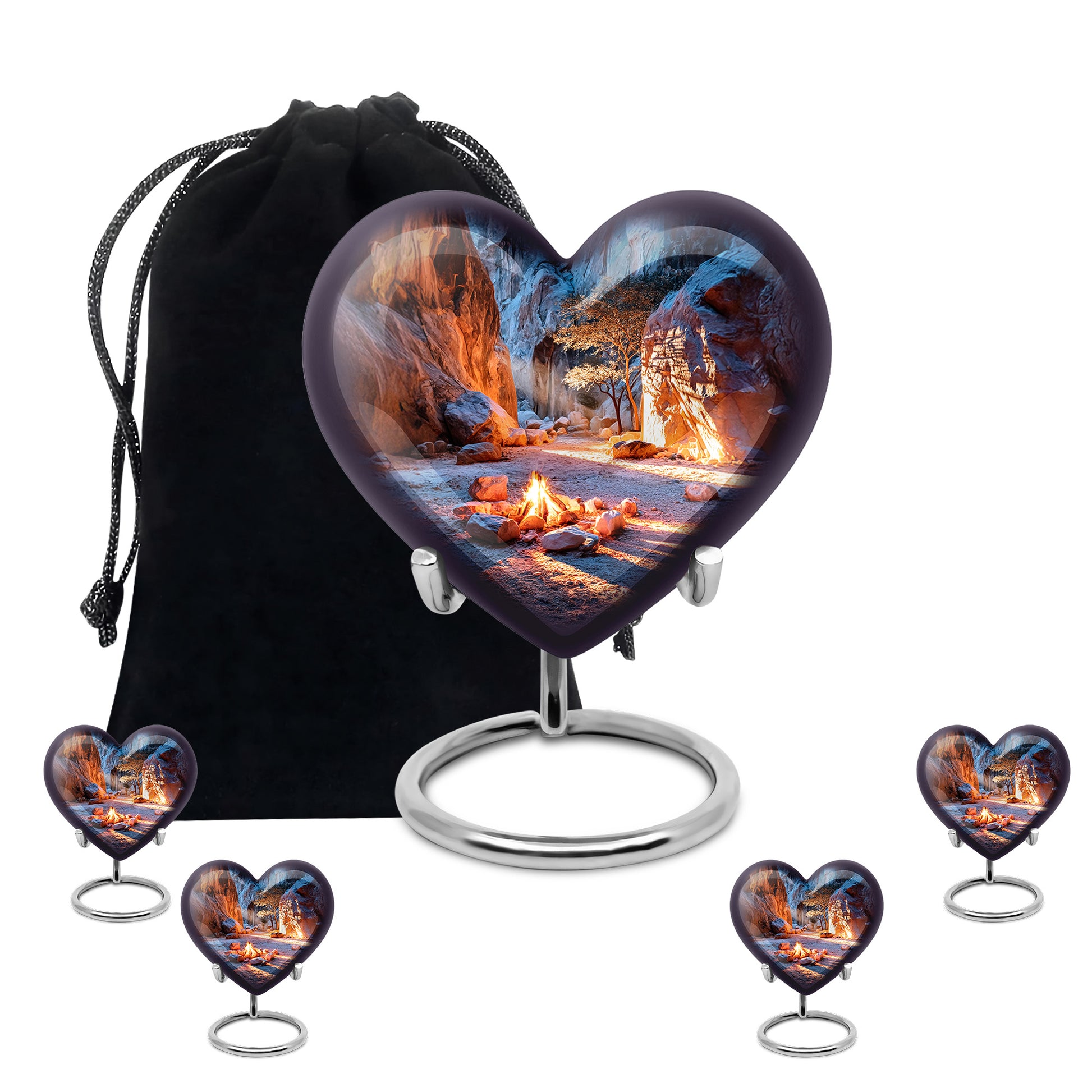 Serene Blue Campfire Cremation Urn close-up of engraving and surface detail - compassionate heart-campfire combination with gentle curves - memorial set with one large and four small urns