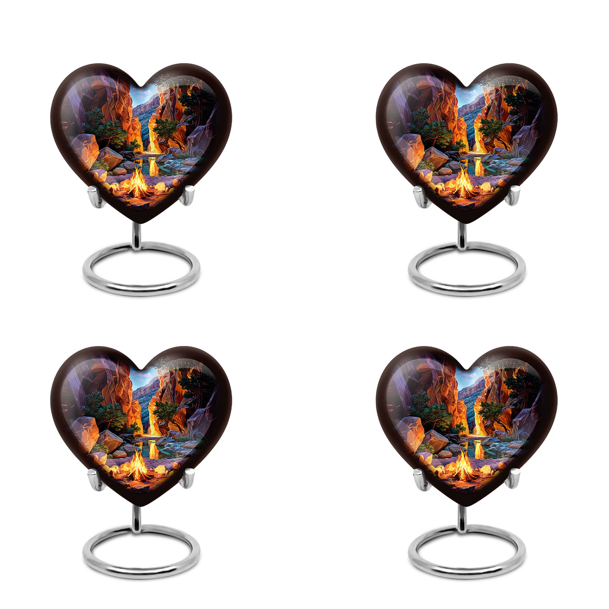 Sapphire Blue Campfire Cremation Urn angled view of lid and engraved motif - compassionate heart-campfire combination with gentle curves - 10 inch aluminum urn for cremated remains