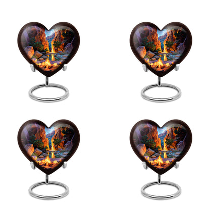 Sapphire Blue Campfire Cremation Urn angled view of lid and engraved motif - compassionate heart-campfire combination with gentle curves - 10 inch aluminum urn for cremated remains