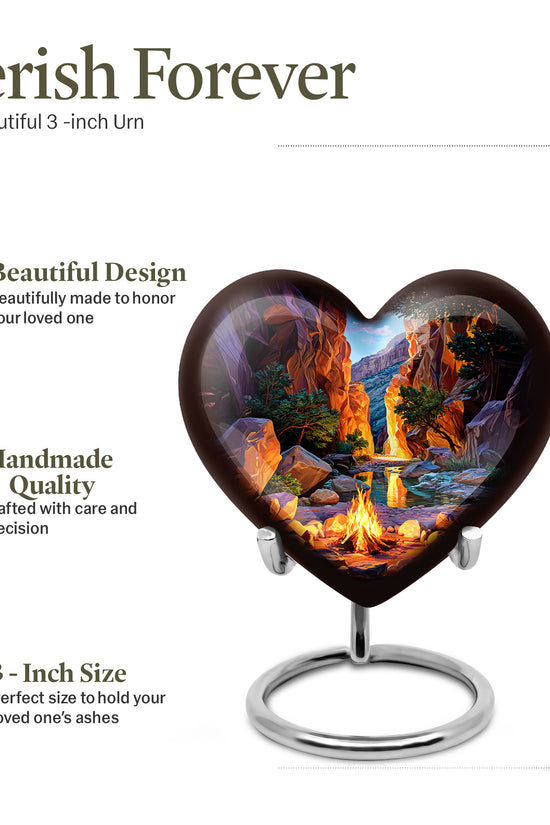 Soft Blue Campfire Cremation Urn front view showing detailed design - compassionate heart-campfire combination with gentle curves - mini keepsake memorial for portion of cremation ashes