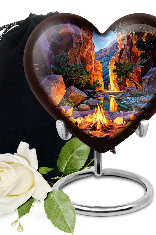 Sapphire Blue Campfire Cremation Urn detail view - romantic heart urn with campfire motif on aluminum - full-size 10 inch 200 cubic inch adult cremation urn