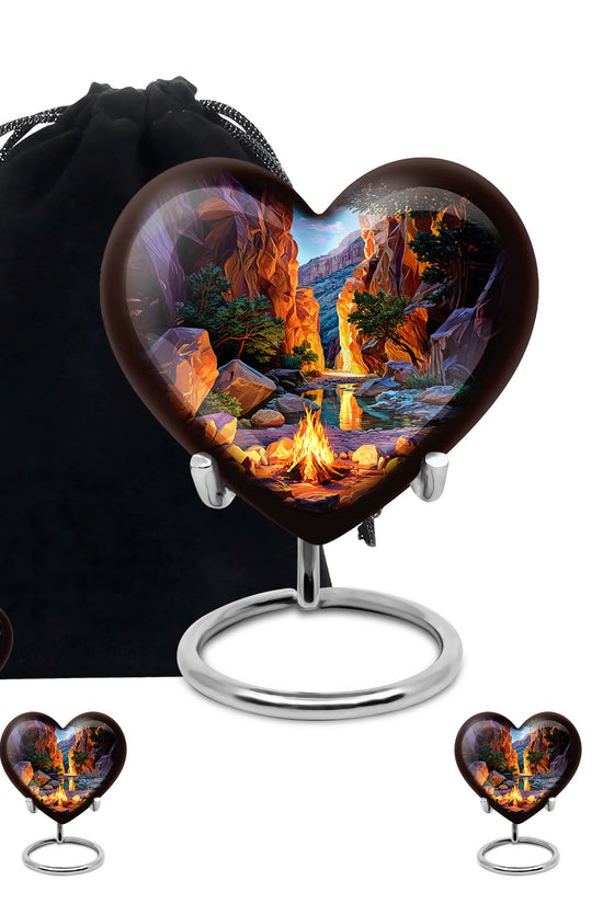 Azure Campfire Cremation Urn close-up of engraving and surface detail - heart-shaped campfire design symbolizing eternal love - memorial set with one large and four small urns
