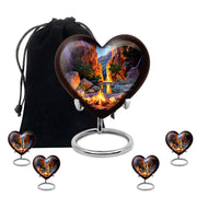 Azure Campfire Cremation Urn close-up of engraving and surface detail - heart-shaped campfire design symbolizing eternal love - memorial set with one large and four small urns