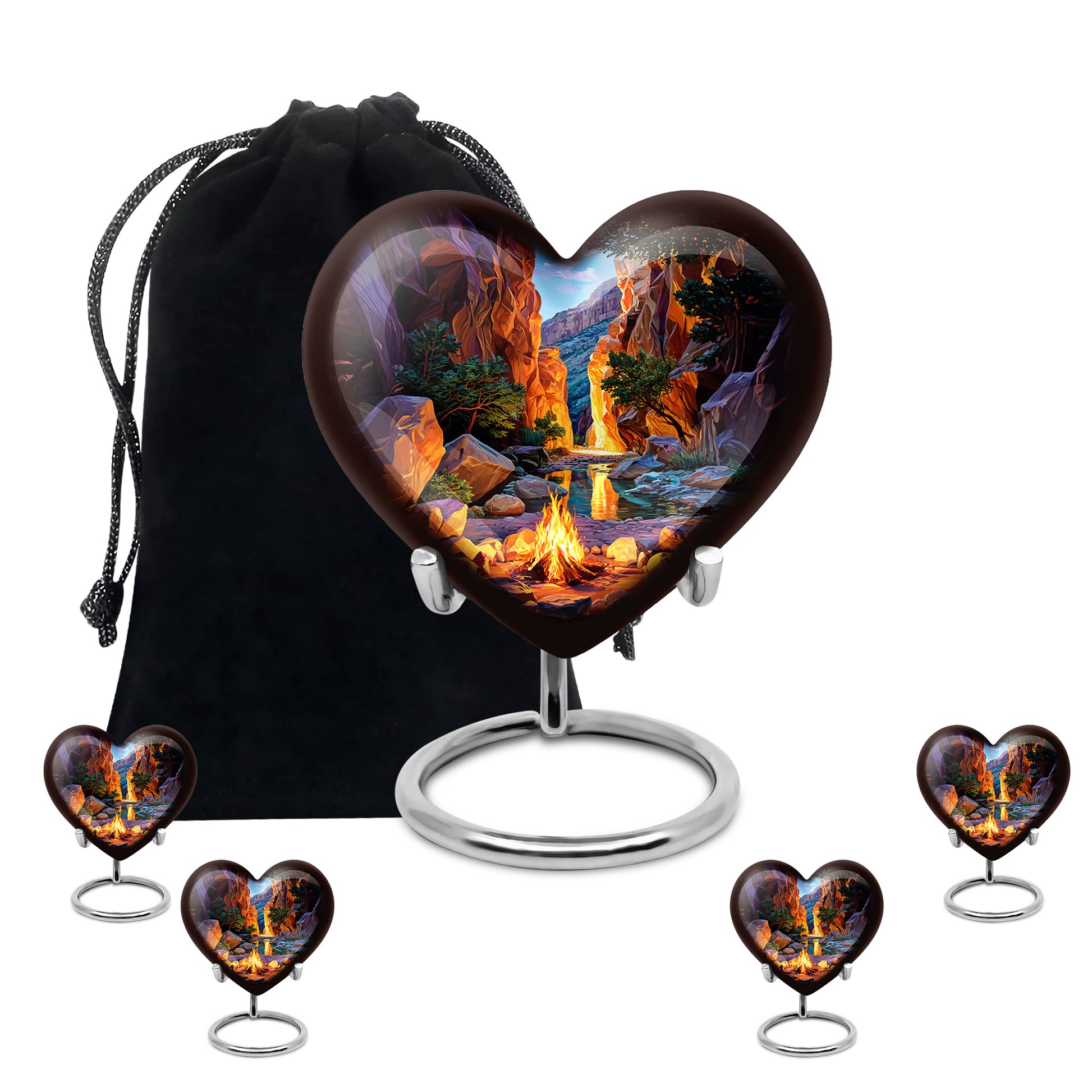 Azure Campfire Cremation Urn close-up of engraving and surface detail - heart-shaped campfire design symbolizing eternal love - memorial set with one large and four small urns
