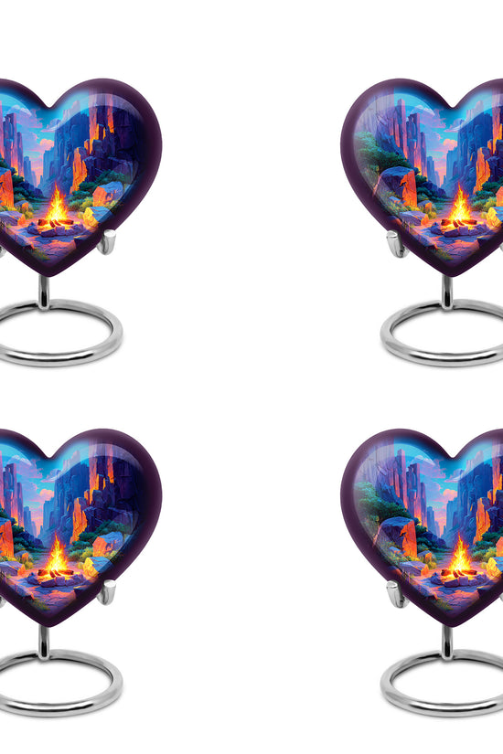 Slate Blue Campfire Cremation Urn angled view of lid and engraved motif - loving heart memorial featuring campfire pattern - 10 inch aluminum urn for cremated remains