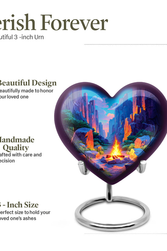 Azure Campfire Cremation Urn front view showing detailed design - heart-shaped campfire design symbolizing eternal love - mini keepsake memorial for portion of cremation ashes