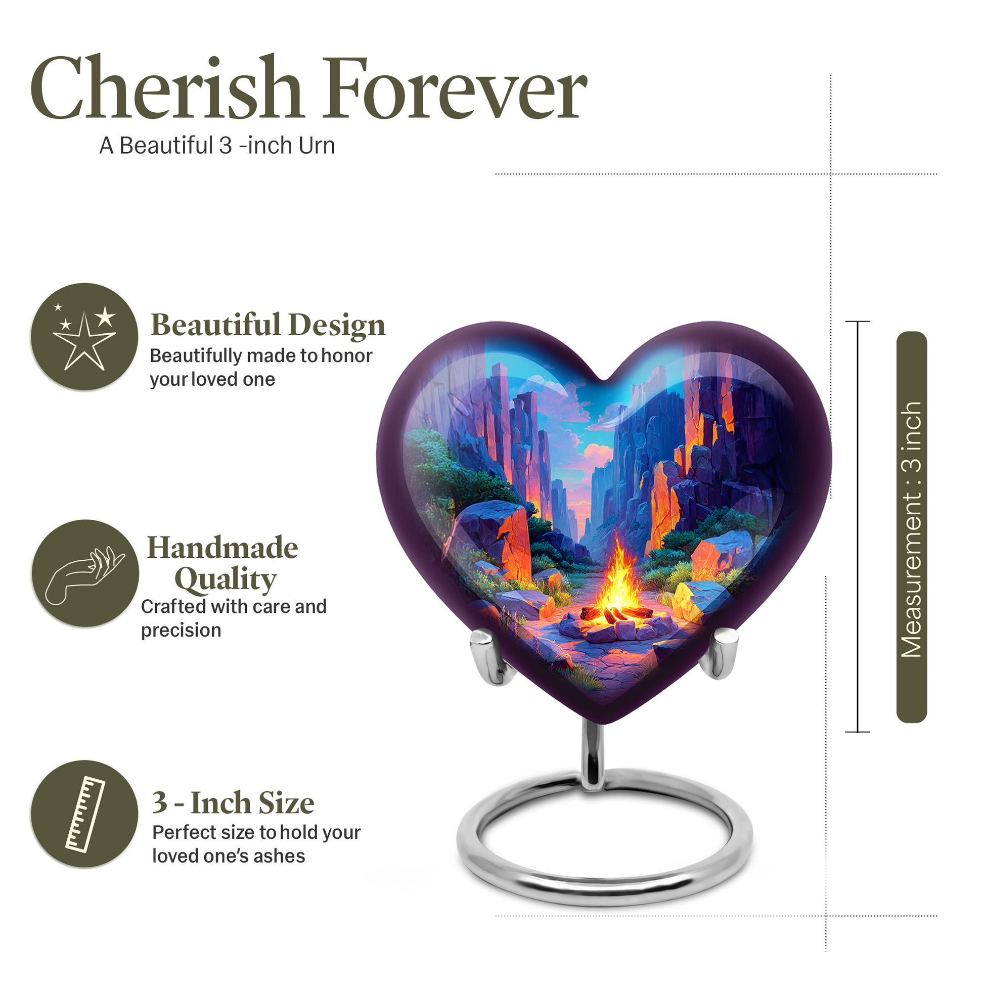 Azure Campfire Cremation Urn front view showing detailed design - heart-shaped campfire design symbolizing eternal love - mini keepsake memorial for portion of cremation ashes
