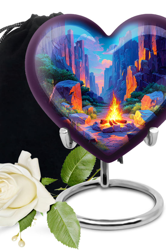 Bright Blue Campfire Cremation Urn detail view - romantic heart urn with campfire motif on aluminum - full-size 10 inch 200 cubic inch adult cremation urn