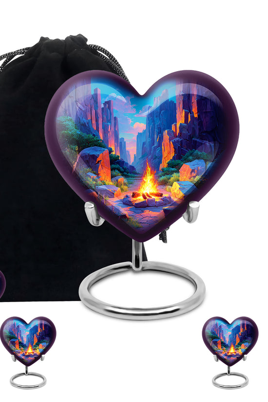 Indigo Campfire Cremation Urn close-up of engraving and surface detail - loving heart memorial featuring campfire pattern - memorial set with one large and four small urns