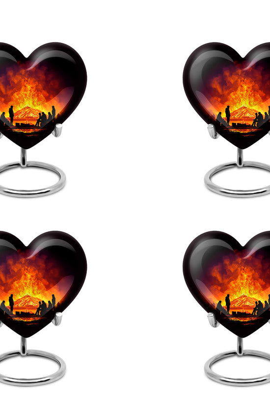 Charcoal Black Campfire Cremation Urn angled view of lid and engraved motif - romantic heart urn with campfire motif on aluminum - 10 inch aluminum urn for cremated remains