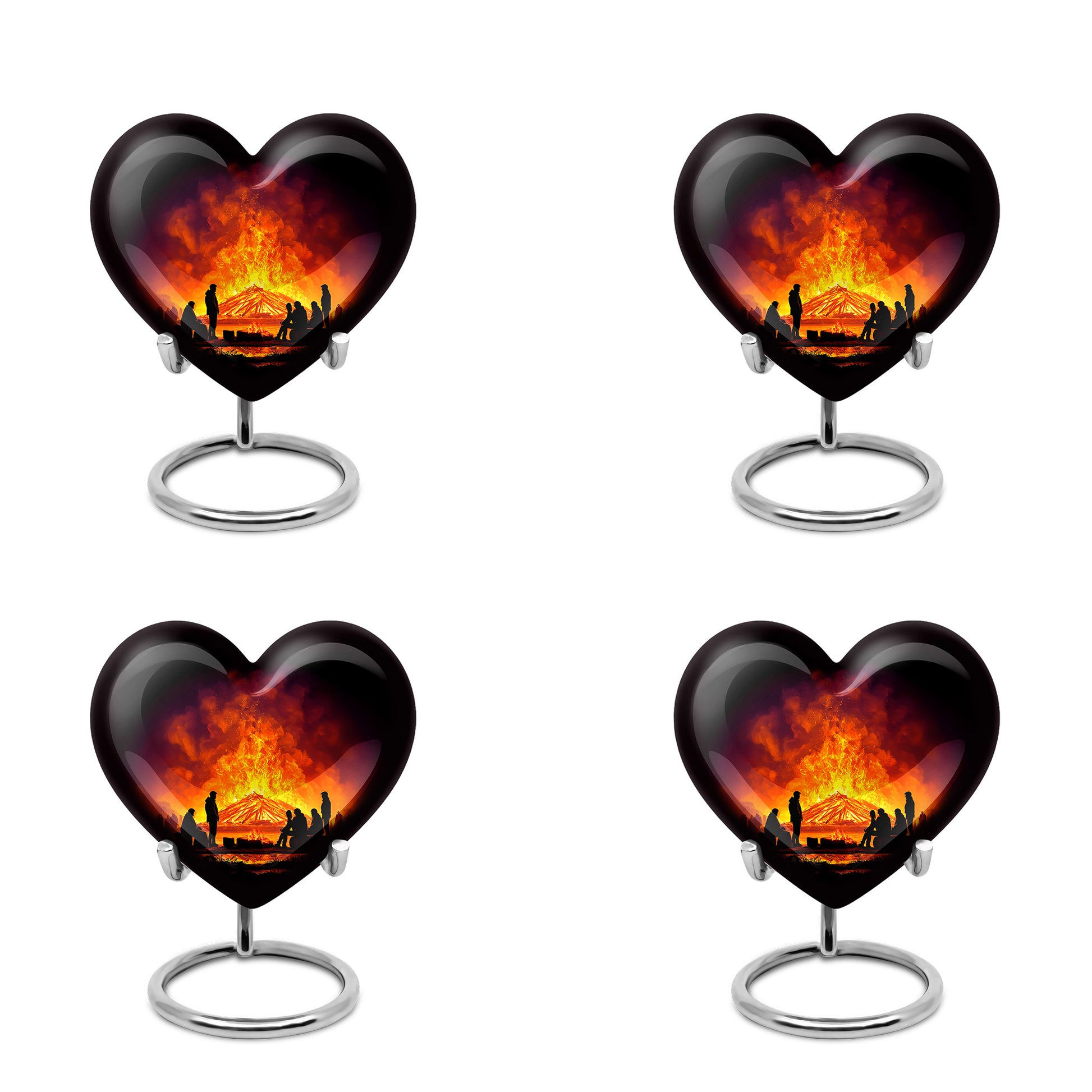 Charcoal Black Campfire Cremation Urn angled view of lid and engraved motif - romantic heart urn with campfire motif on aluminum - 10 inch aluminum urn for cremated remains