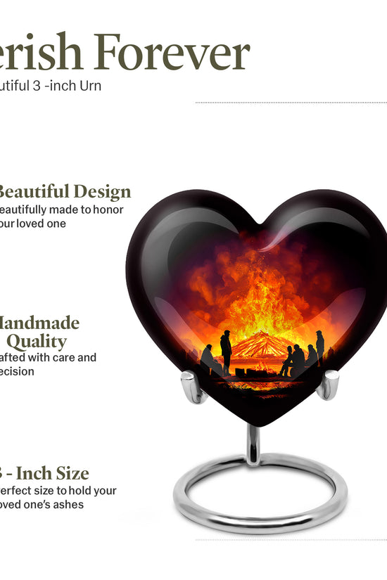 Jet Black Campfire Cremation Urn front view showing detailed design - loving heart memorial featuring campfire pattern - mini keepsake memorial for portion of cremation ashes