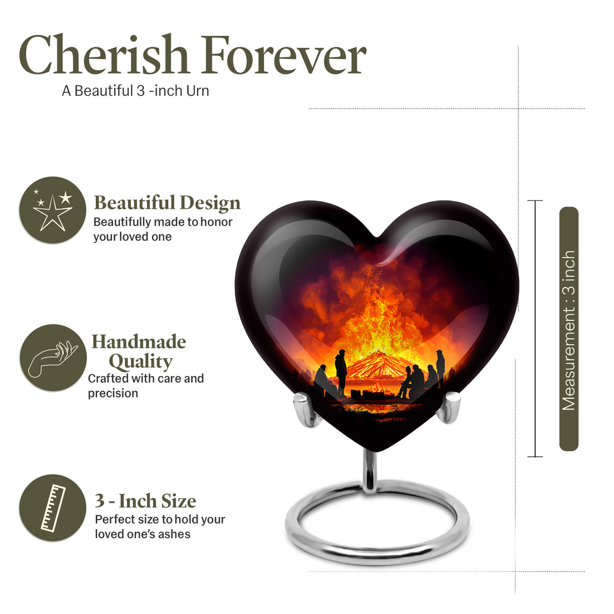 Jet Black Campfire Cremation Urn front view showing detailed design - loving heart memorial featuring campfire pattern - mini keepsake memorial for portion of cremation ashes
