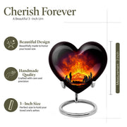 Jet Black Campfire Cremation Urn front view showing detailed design - loving heart memorial featuring campfire pattern - mini keepsake memorial for portion of cremation ashes