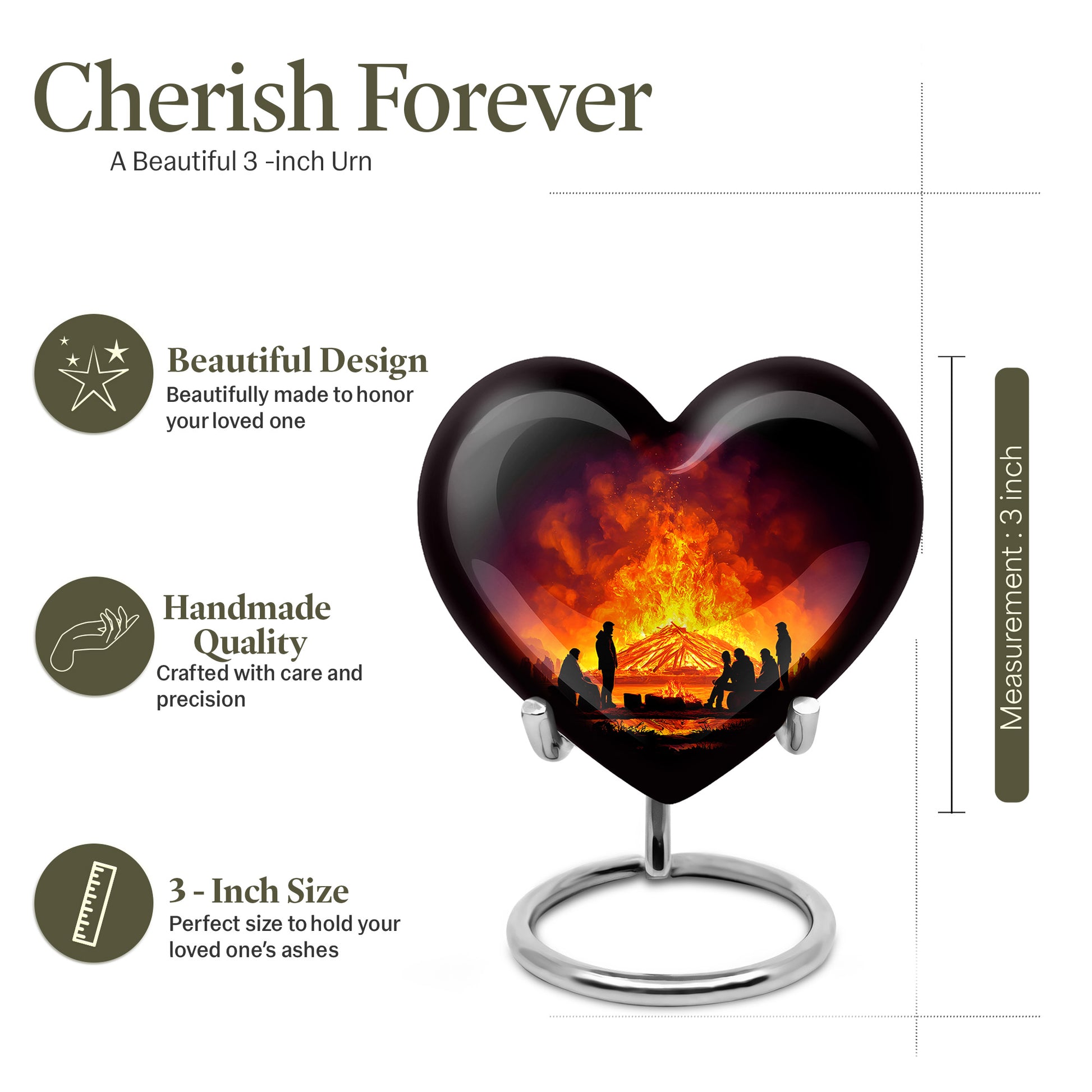 Jet Black Campfire Cremation Urn front view showing detailed design - loving heart memorial featuring campfire pattern - mini keepsake memorial for portion of cremation ashes