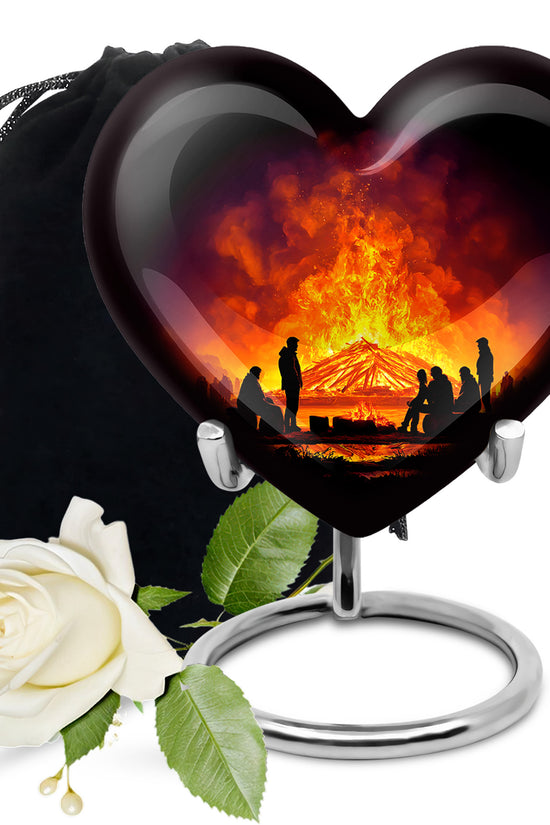 Ebony Campfire Cremation Urn detail view - heart-shaped campfire design symbolizing eternal love - full-size 10 inch 200 cubic inch adult cremation urn