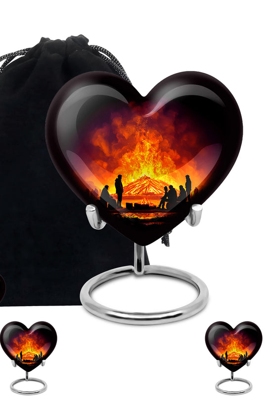 Charcoal Black Campfire Cremation Urn close-up of engraving and surface detail - romantic heart urn with campfire motif on aluminum - memorial set with one large and four small urns