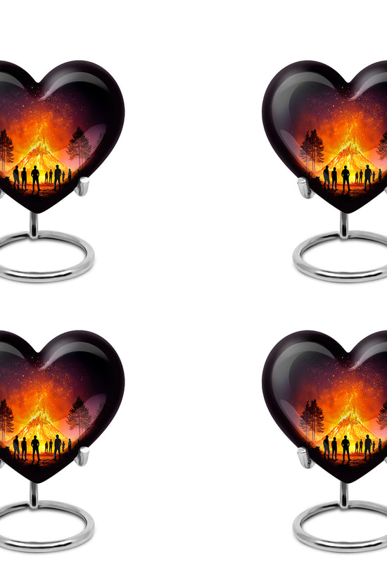 Dark Black Campfire Cremation Urn angled view of lid and engraved motif - compassionate heart-campfire combination with gentle curves - 10 inch aluminum urn for cremated remains