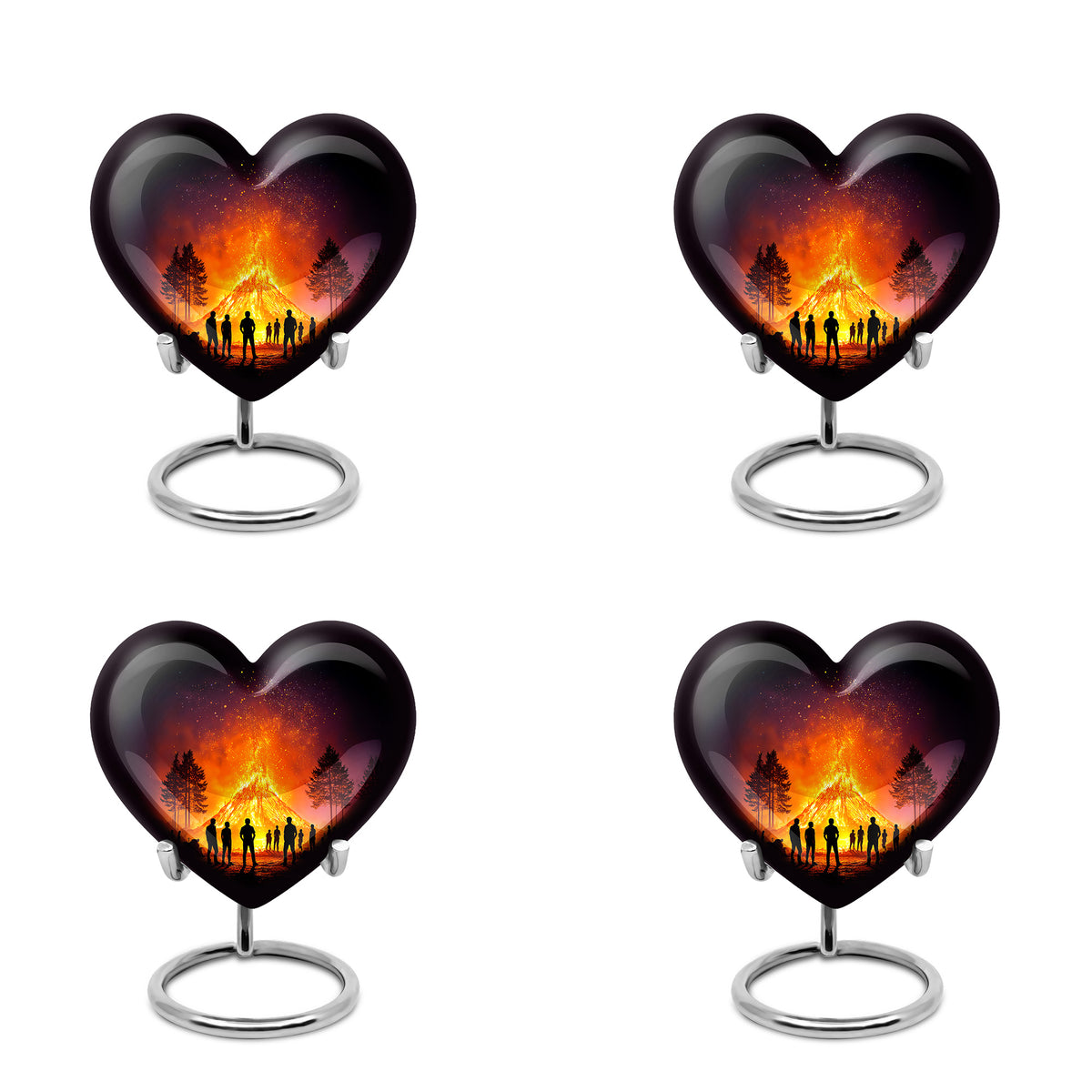 Dark Black Campfire Cremation Urn angled view of lid and engraved motif - compassionate heart-campfire combination with gentle curves - 10 inch aluminum urn for cremated remains