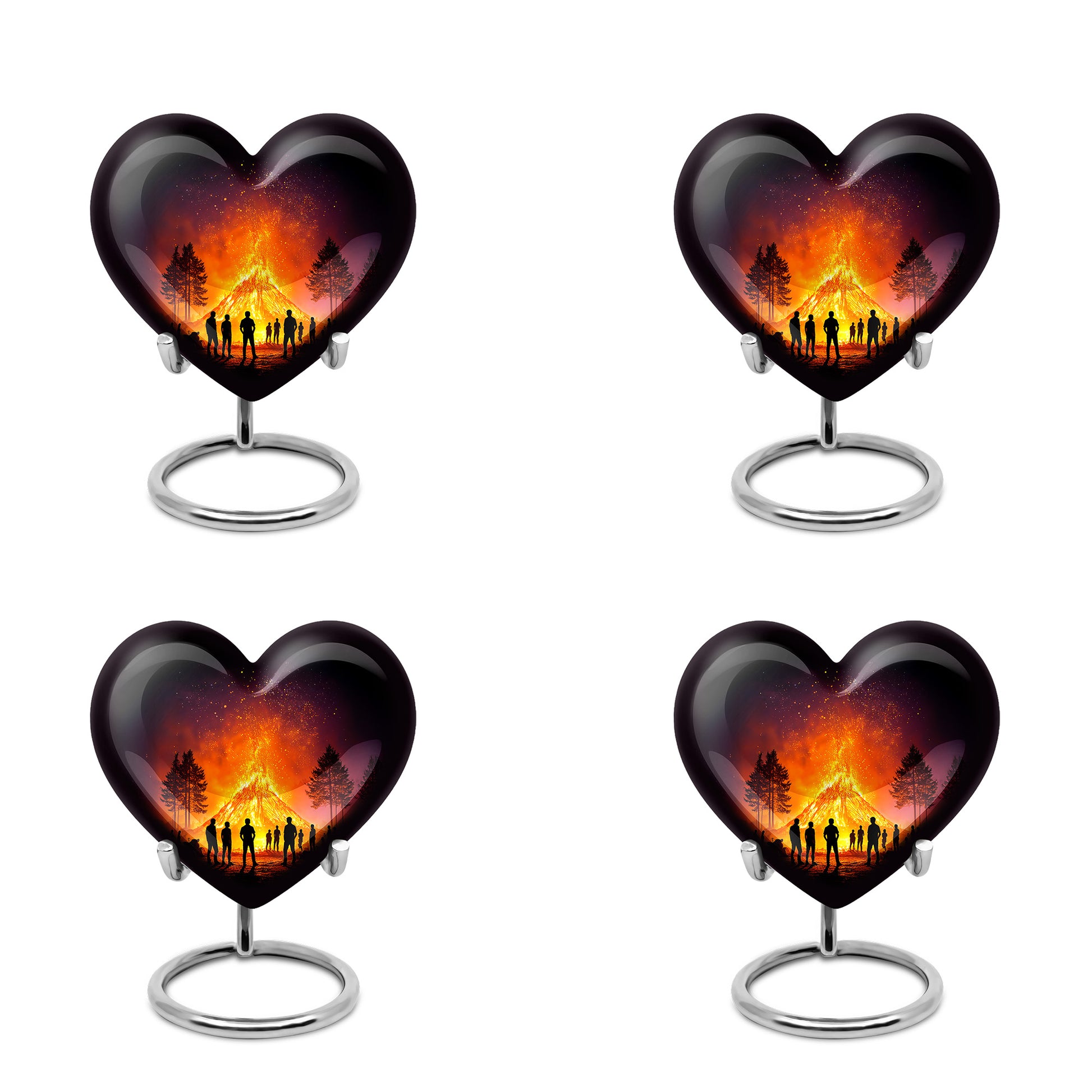 Dark Black Campfire Cremation Urn angled view of lid and engraved motif - compassionate heart-campfire combination with gentle curves - 10 inch aluminum urn for cremated remains