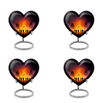 Dark Black Campfire Cremation Urn angled view of lid and engraved motif - compassionate heart-campfire combination with gentle curves - 10 inch aluminum urn for cremated remains