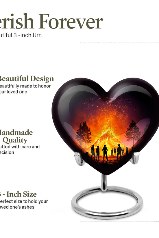 Onyx Black Campfire Cremation Urn front view showing detailed design - romantic heart urn with campfire motif on aluminum - mini keepsake memorial for portion of cremation ashes