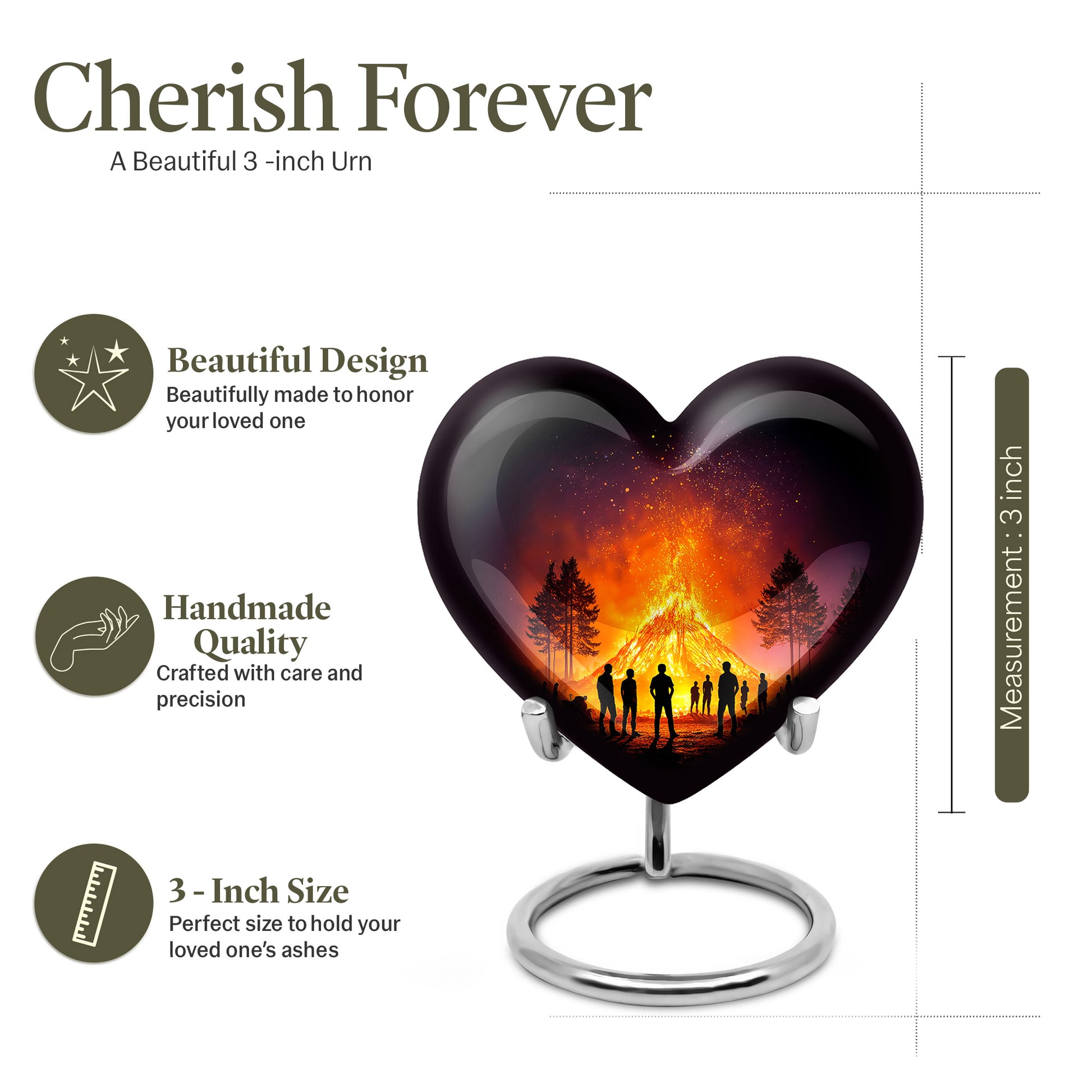 Onyx Black Campfire Cremation Urn front view showing detailed design - romantic heart urn with campfire motif on aluminum - mini keepsake memorial for portion of cremation ashes