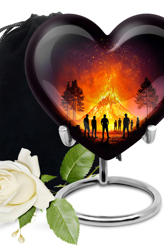 Dark Black Campfire Cremation Urn detail view - compassionate heart-campfire combination with gentle curves - full-size 10 inch 200 cubic inch adult cremation urn