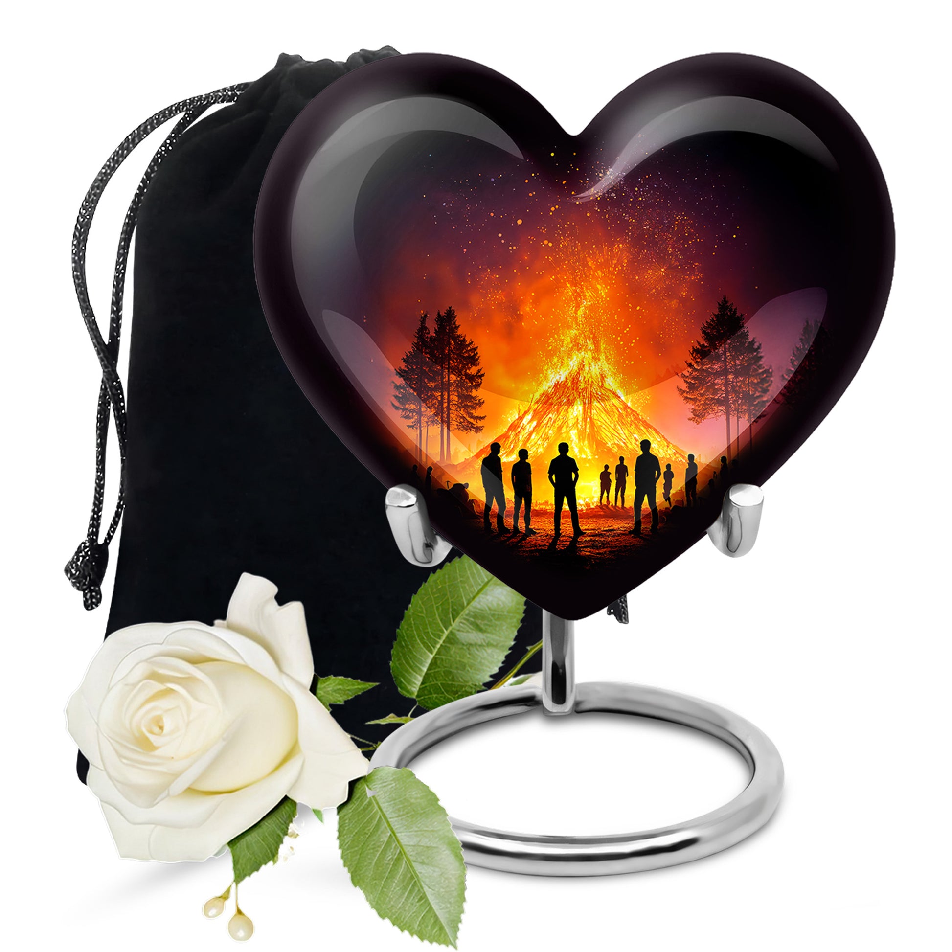 Dark Black Campfire Cremation Urn detail view - compassionate heart-campfire combination with gentle curves - full-size 10 inch 200 cubic inch adult cremation urn