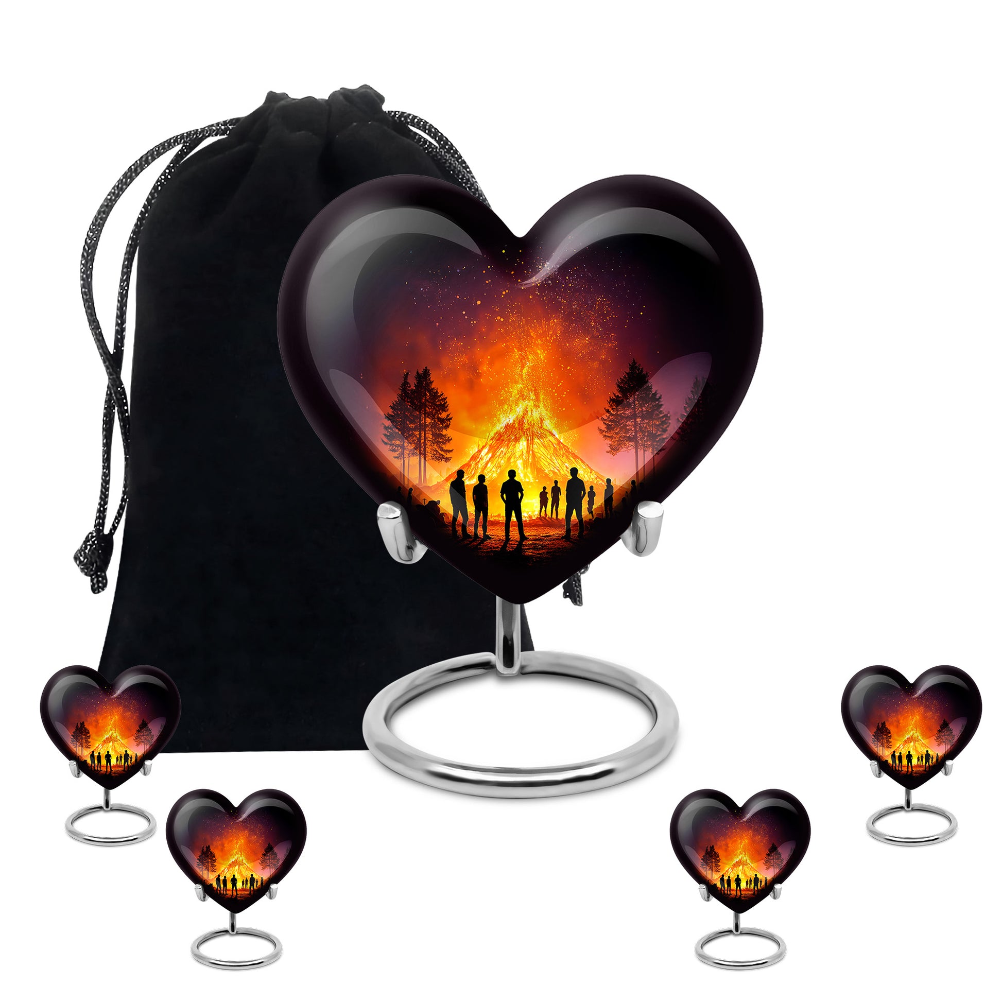 Obsidian Black Campfire Cremation Urn close-up of engraving and surface detail - compassionate heart-campfire combination with gentle curves - memorial set with one large and four small urns