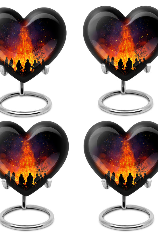 Charcoal Black Campfire Cremation Urn angled view of lid and engraved motif - romantic heart urn with campfire motif on aluminum - 10 inch aluminum urn for cremated remains