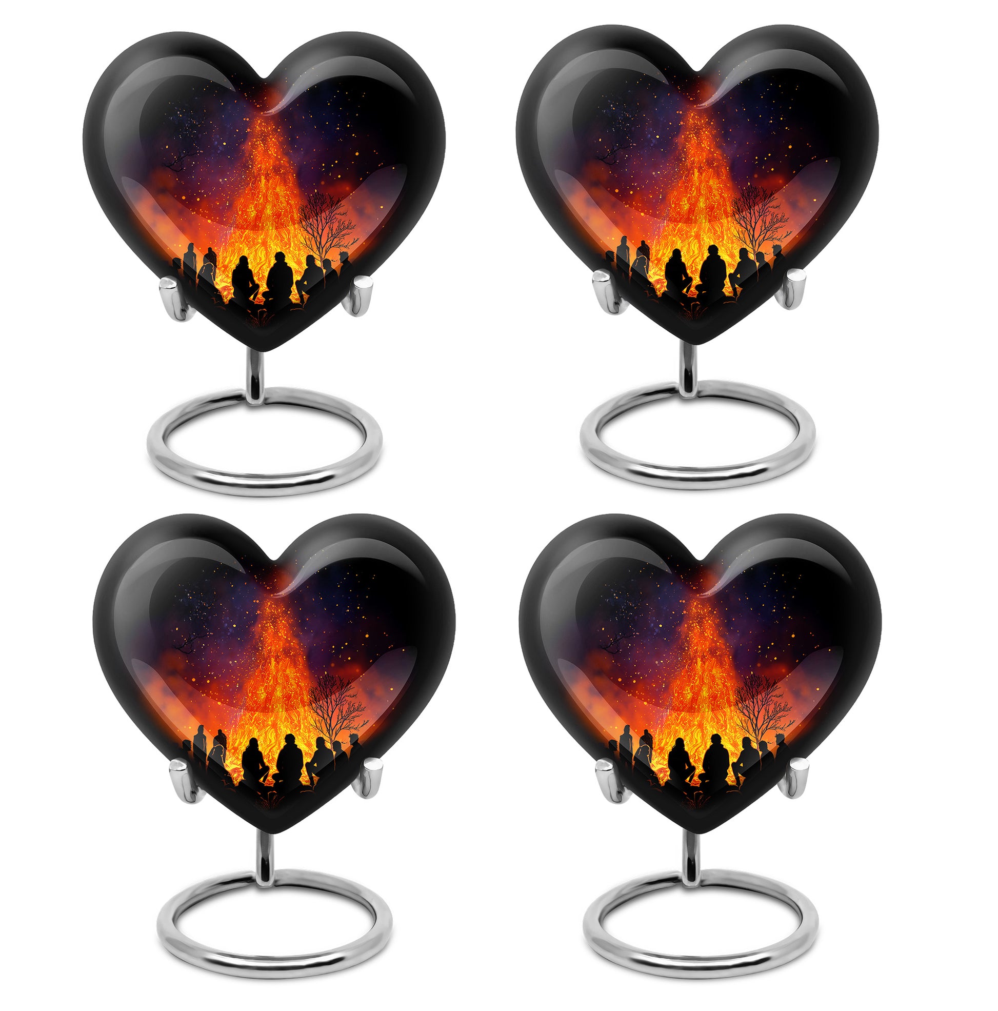 Charcoal Black Campfire Cremation Urn angled view of lid and engraved motif - romantic heart urn with campfire motif on aluminum - 10 inch aluminum urn for cremated remains