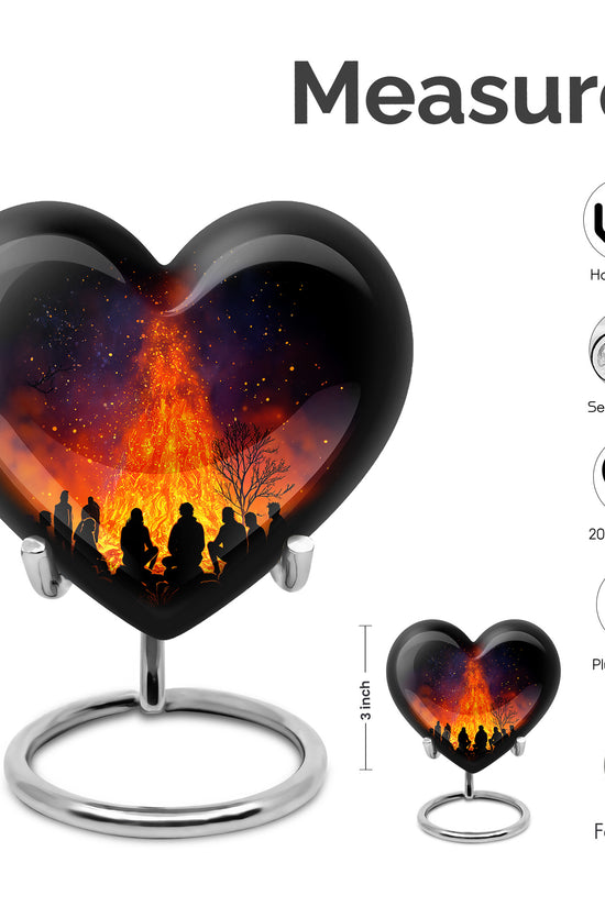 Dark Black Campfire Cremation Urn front view showing detailed design - compassionate heart-campfire combination with gentle curves - mini keepsake memorial for portion of cremation ashes