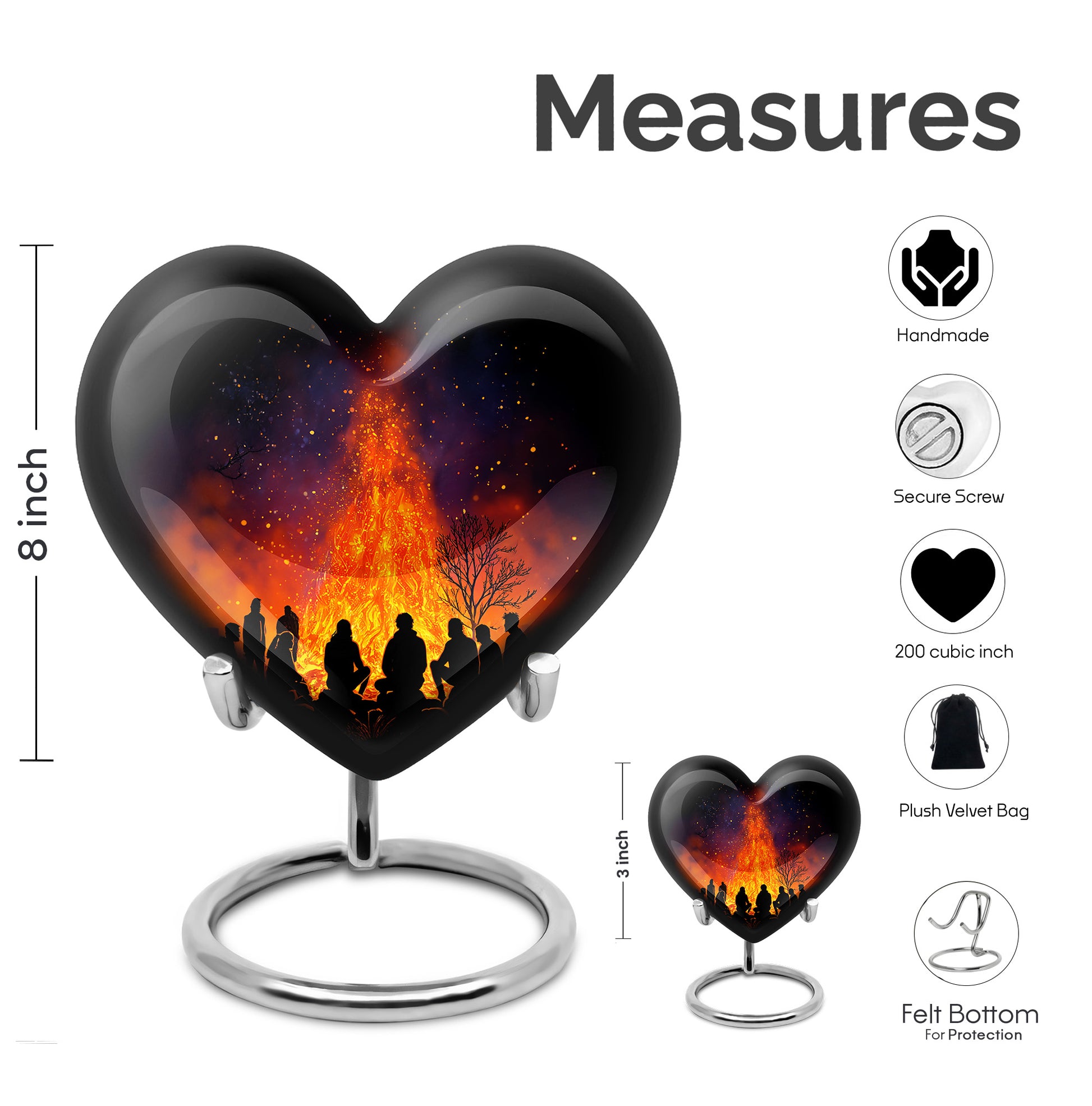 Dark Black Campfire Cremation Urn front view showing detailed design - compassionate heart-campfire combination with gentle curves - mini keepsake memorial for portion of cremation ashes