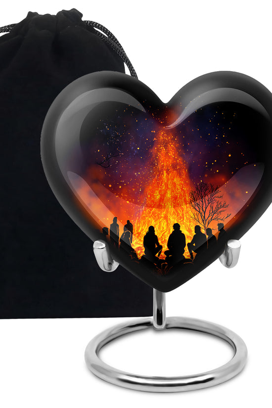 Charcoal Black Campfire Cremation Urn detail view - romantic heart urn with campfire motif on aluminum - full-size 10 inch 200 cubic inch adult cremation urn