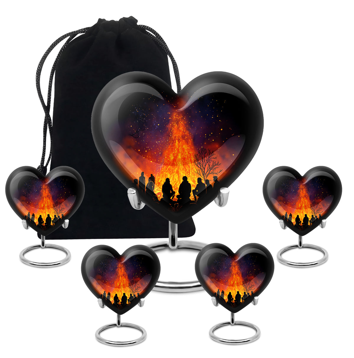 Onyx Black Campfire Cremation Urn close-up of engraving and surface detail - romantic heart urn with campfire motif on aluminum - memorial set with one large and four small urns