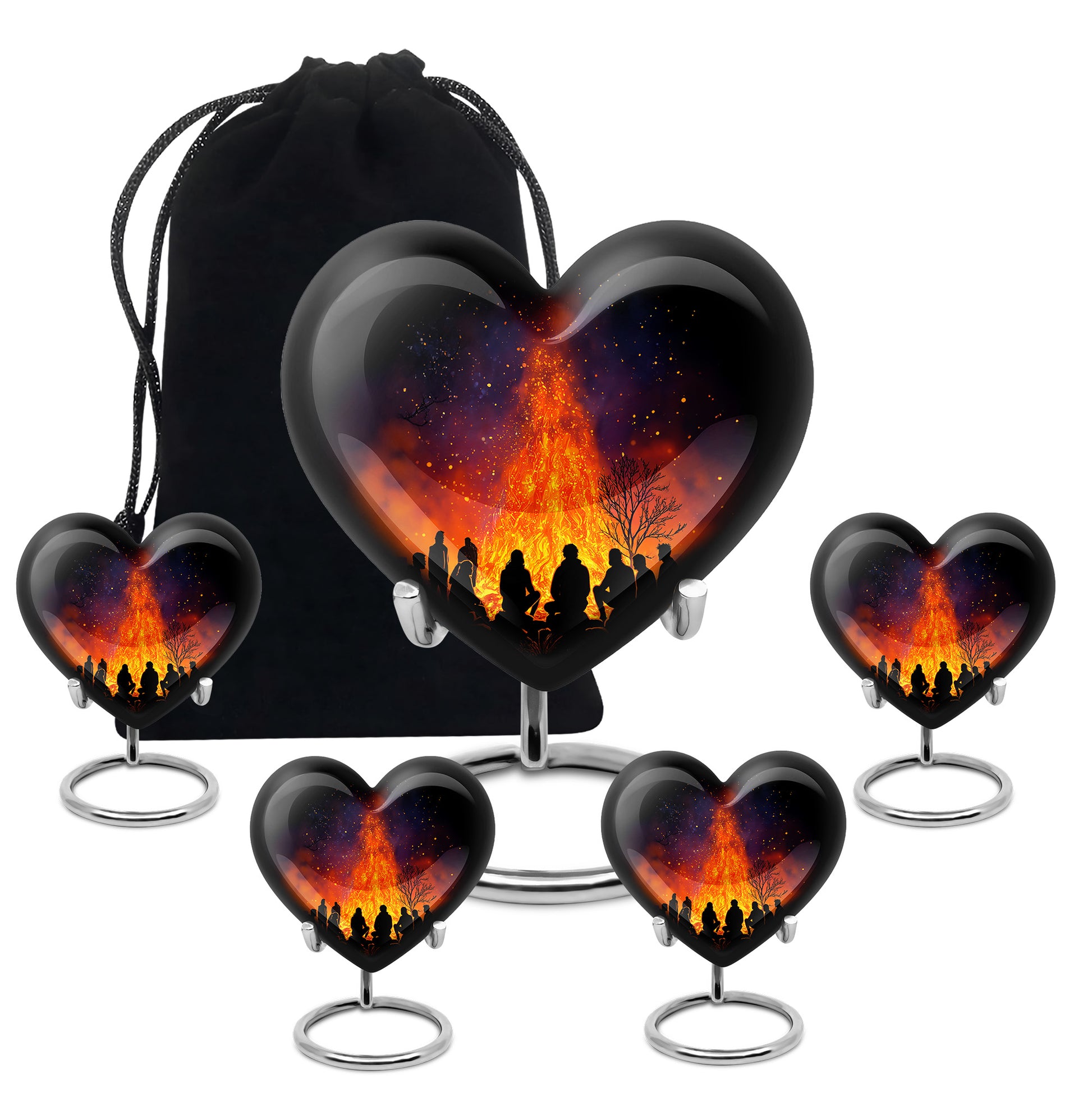 Onyx Black Campfire Cremation Urn close-up of engraving and surface detail - romantic heart urn with campfire motif on aluminum - memorial set with one large and four small urns