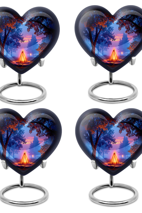 Glossy Black Campfire Cremation Urn angled view of lid and engraved motif - loving heart memorial featuring campfire pattern - 10 inch aluminum urn for cremated remains