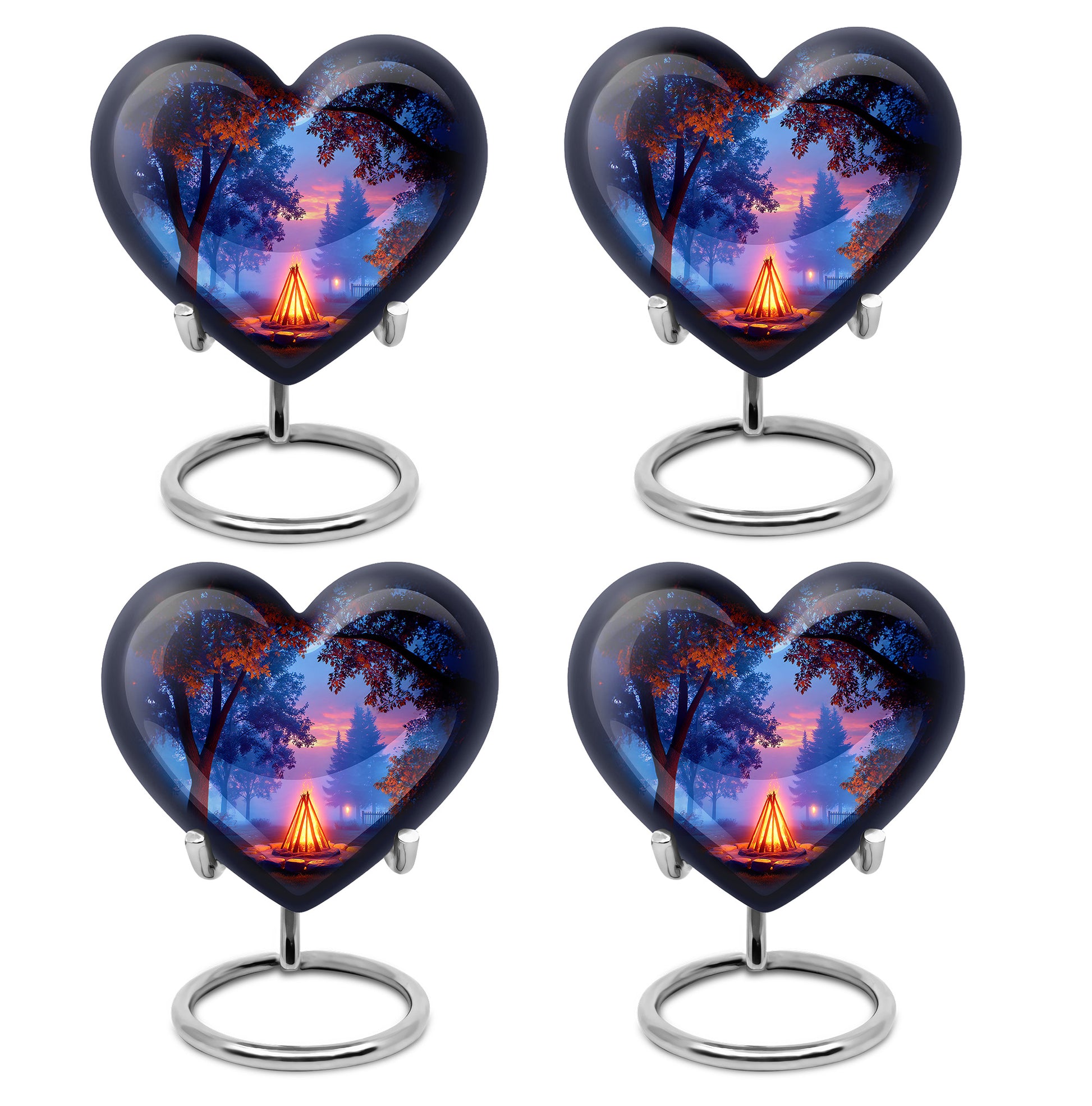 Glossy Black Campfire Cremation Urn angled view of lid and engraved motif - loving heart memorial featuring campfire pattern - 10 inch aluminum urn for cremated remains
