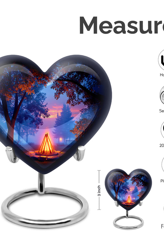 Onyx Black Campfire Cremation Urn front view showing detailed design - compassionate heart-campfire combination with gentle curves - mini keepsake memorial for portion of cremation ashes