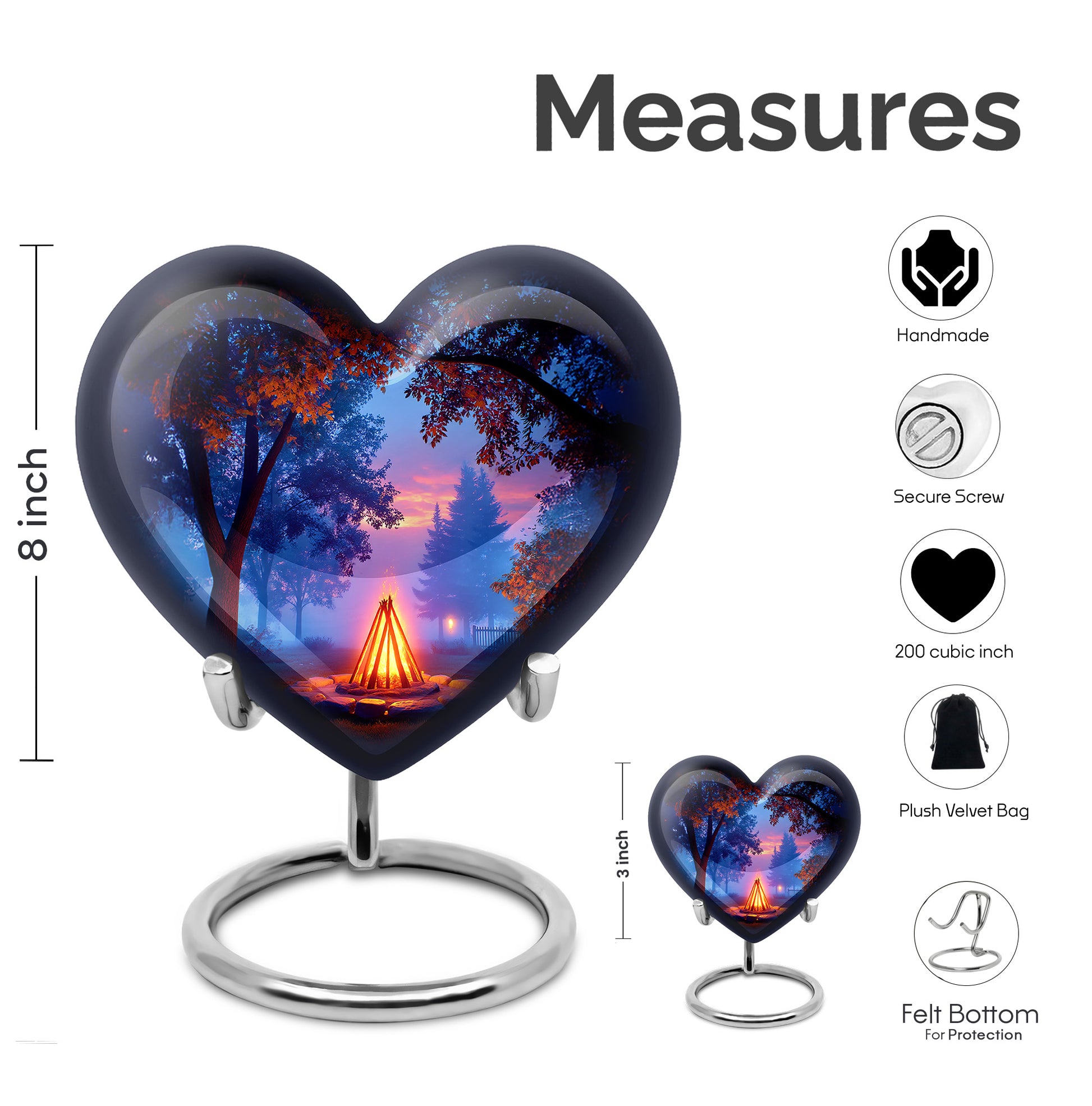 Onyx Black Campfire Cremation Urn front view showing detailed design - compassionate heart-campfire combination with gentle curves - mini keepsake memorial for portion of cremation ashes