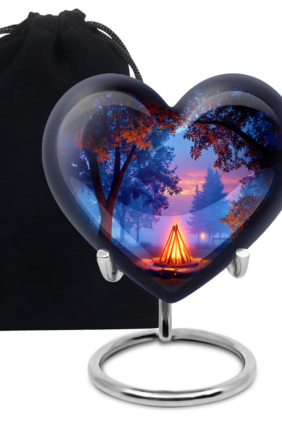 Jet Black Campfire Cremation Urn detail view - heart-shaped campfire design symbolizing eternal love - full-size 10 inch 200 cubic inch adult cremation urn