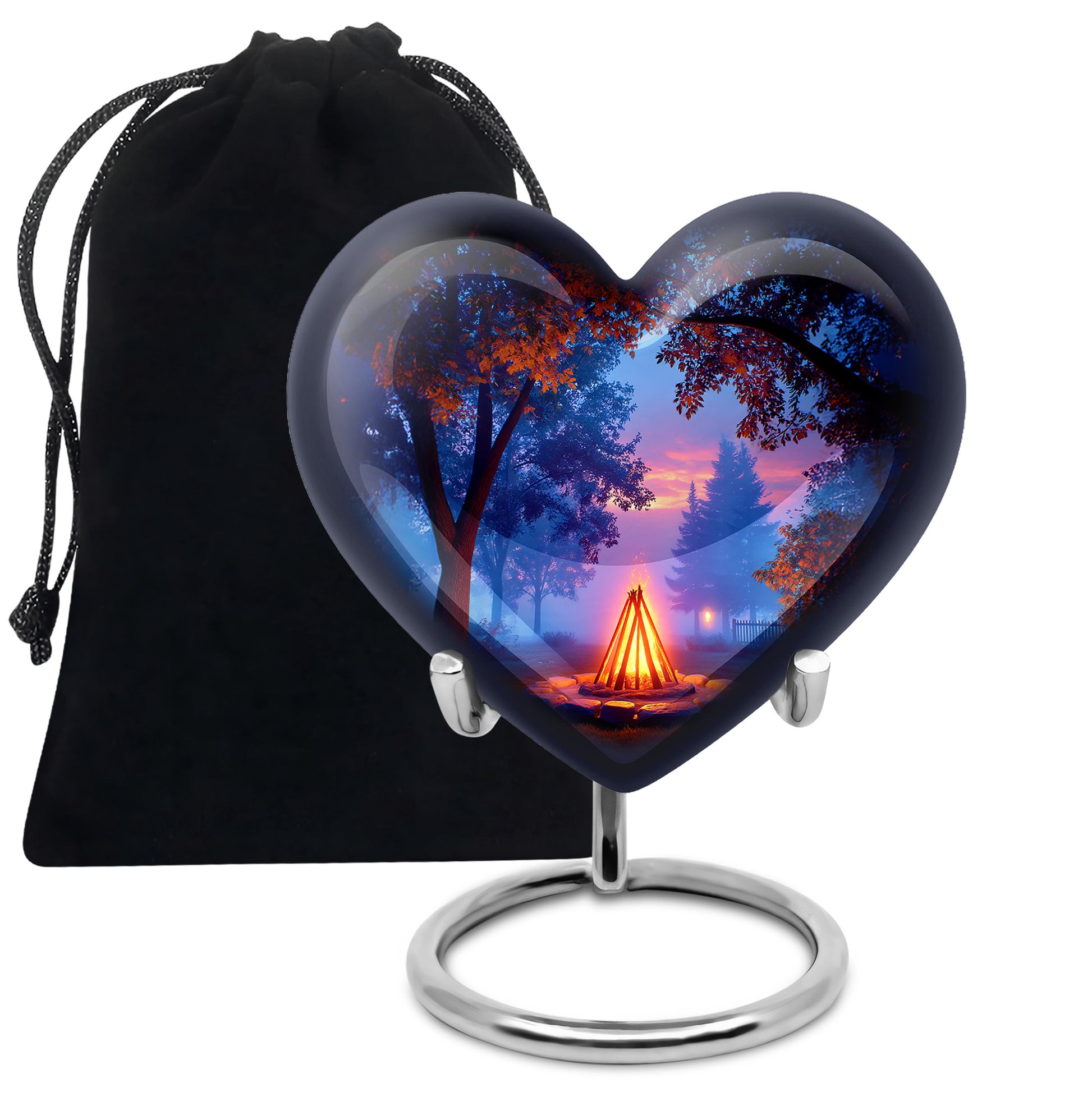 Jet Black Campfire Cremation Urn detail view - heart-shaped campfire design symbolizing eternal love - full-size 10 inch 200 cubic inch adult cremation urn