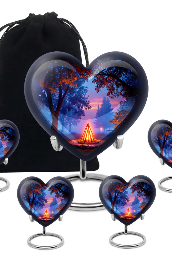 Rich Black Campfire Cremation Urn close-up of engraving and surface detail - loving heart memorial featuring campfire pattern - memorial set with one large and four small urns